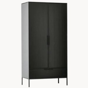 2-Door Wardrobe DEQ20WOO40297-160002 – Pine Wood, 100×53×200 cm, Black Finish, Metal Legs