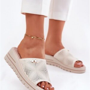 Step In Style Klapki Skórzane na Koturnie | Vinceza 41477 Beige Damskie
