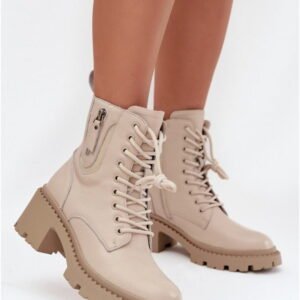 Vinceza Botki Skórzane na Obcasie | Model 86418 Beige Damskie