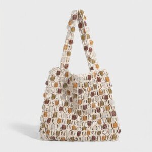 Torebka Shopper Bag Kremowa Pleciona z koralikami Damskie BAG-001