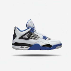 Sneakersy Air Jordan 4 Retro Motor Sport, cholewka skóra naturalna, wysoki krój, unisex, biało-niebieski, 308497-117