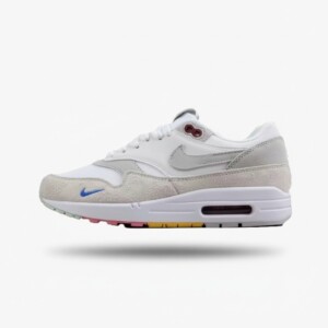 Sneakersy Nike Air Max 1 Pom Pom Polka Dots, unisex, skóra i zamsz, kolor biały szary, widoczna poduszka Air, FB4959-121